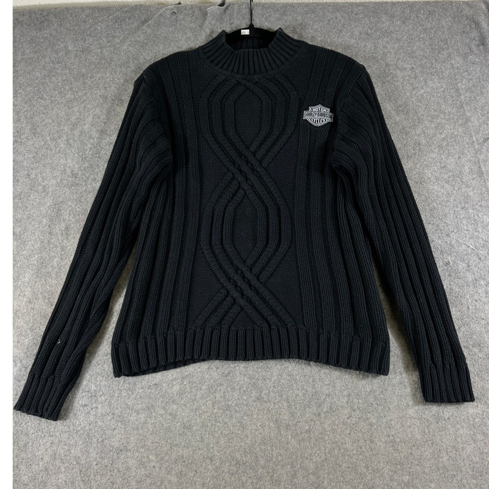 VTG Harley Davidson Sweater Womens Medium Black Cable Knit Mock Neck 3D Chunky